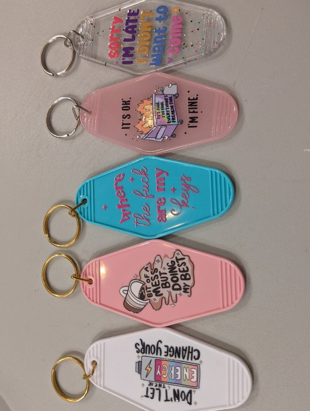 Retro Motel Keychains Set 5 Sarcastic Sassy Plastic Key Fob Tags Cute Funny